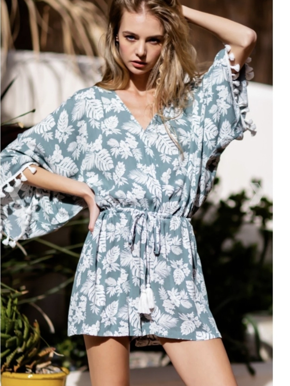 Aakaa Sage Green & White Floral Short Jumpsuit with Tassel Tie